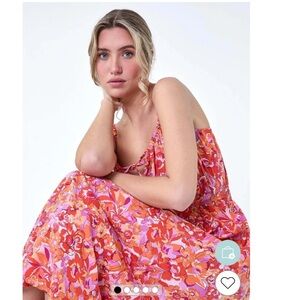 THML Abstract Floral Maxi SunDress Ruffles Spaghetti Straps Flowy Front Tie Pink